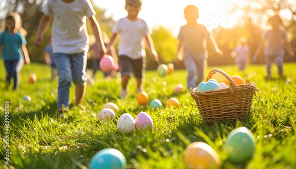 Obraz Kids Easter egg hunt with spring park.