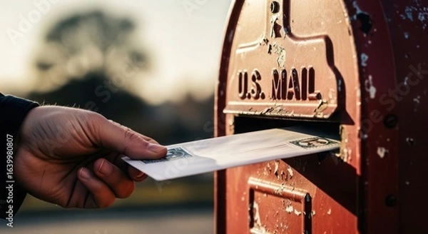 Fototapeta Close up of a hand inserting a letter into a red us mail mailbox