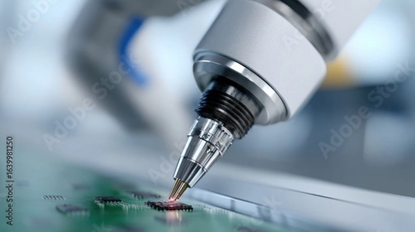 Fototapeta Robotic arm precisely assembling electronic components on a production line, industrial automation. Efficiency, manufacturing. Sterile, precise.