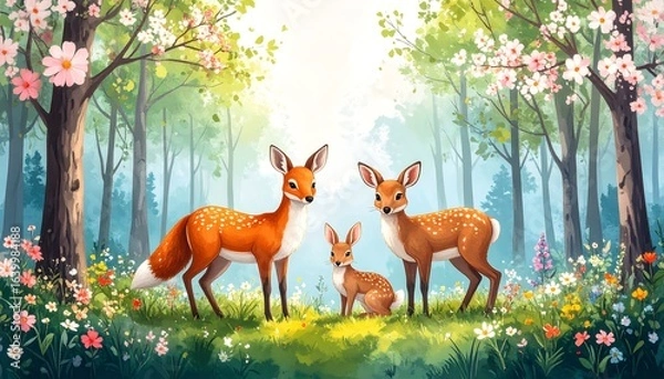 Fototapeta Deers and a rabbit in a spring forest