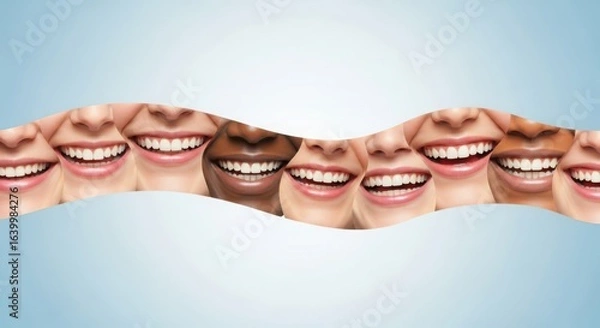 Fototapeta A diverse collection of smiling mouths and healthy teeth in a wavy pattern