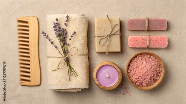 Fototapeta Spa and wellness set with soap, bath salts, candle and lavender