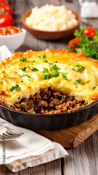 Obraz Shepherds Pie with rustic kitchen table.