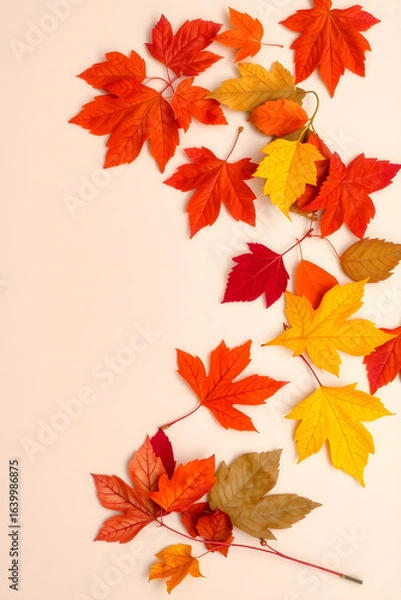 Fototapeta Vibrant Autumn Leaves Flat Lay on Soft Beige Background – Cozy Fall Seasonal Composition with Maple, Oak, and Birch Leaves