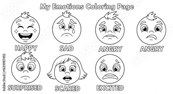 Fototapeta My emotions coloring page with faces showing happy, sad, angry, surprised, scared, and excited