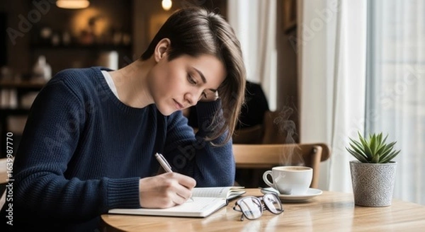 Fototapeta Young woman writing in a notebook at a cafe with a cup of coffee and glasses on the table