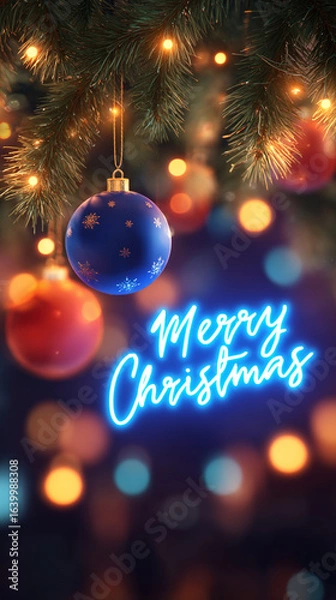 Fototapeta christmas greeting card with christmas tree ball and lights 2026 in neon lights, garland lights on festive background

