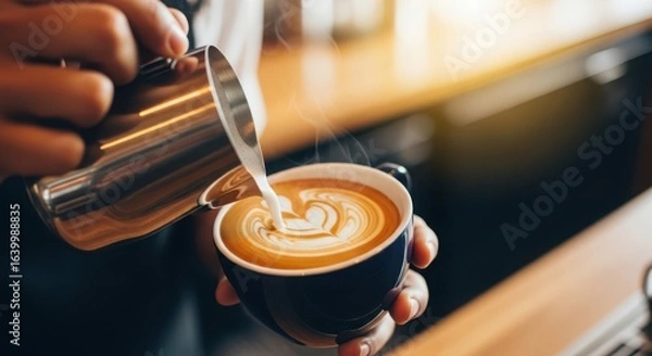 Fototapeta Barista pouring latte art into a coffee cup with steam rising in a warm cafe setting