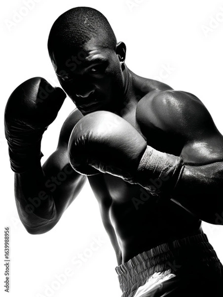 Fototapeta PNG of A powerful athletic Black male boxer in a dynamic fighting stance, preparing for action with confidence and strength.