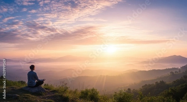 Fototapeta Person meditating on mountain peak at sunrise with serene landscape view