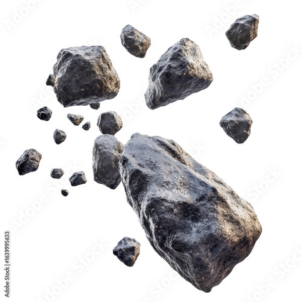 Fototapeta Flying asteroids, cluster of asteroids soaring through space, isolated on transparent background