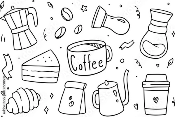 Obraz Coffee time doodle on white background. Vector illustration