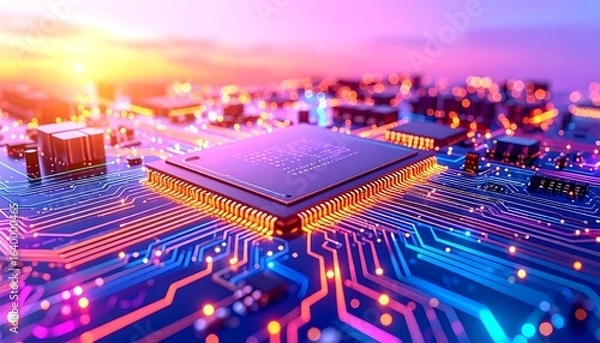 Fototapeta Futuristic CPU on circuit board. Vibrant colors depict technology and urban landscape