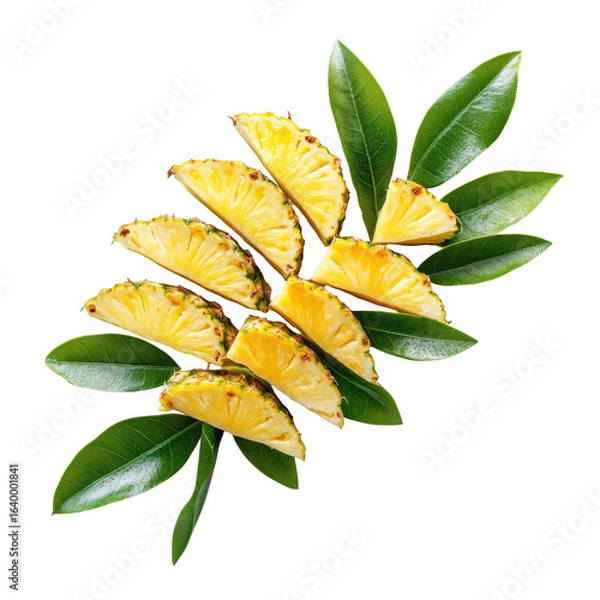 Fototapeta Fresh Pineapple Slices with Green Leaves, close-up of fresh pineapple slices paired with green leaves, isolated on transparent background