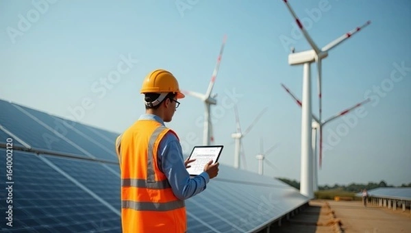 Obraz Engineer at factory site with solar panels and wind turbines wearing safety gear hard hat vest using digital tablet schematic focus on eco friendly industry renewable energy clean modern environment 