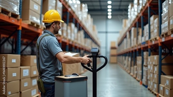 Obraz Worker using pallet jack barcode scanner in warehouse with organized shelves labeled boxes bright environment modern logistics focus on inventory management order fulfillment supply chain efficiency