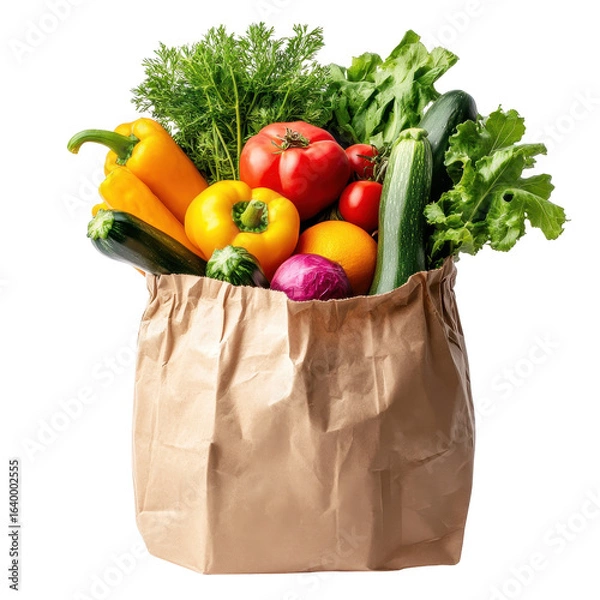 Fototapeta Fresh vegetables in recyclable paper bag, recyclable paper bag filled with an assortment of fresh vegetables, isolated on transparent background