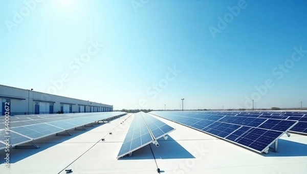 Obraz Modern warehouse rooftop with solar panels arranged in neat pattern clear blue sky clean architecture minimal distractions bright natural light professional photo green energy business use