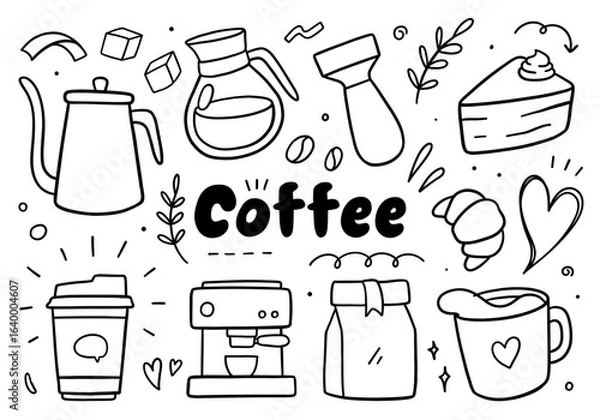 Fototapeta Coffee time doodle on white background. Vector illustration