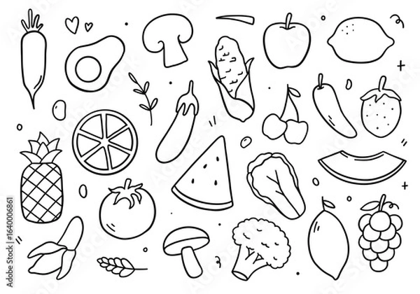 Obraz Healthy food doodle set on white background. Vegetable and fruits Vector illustration