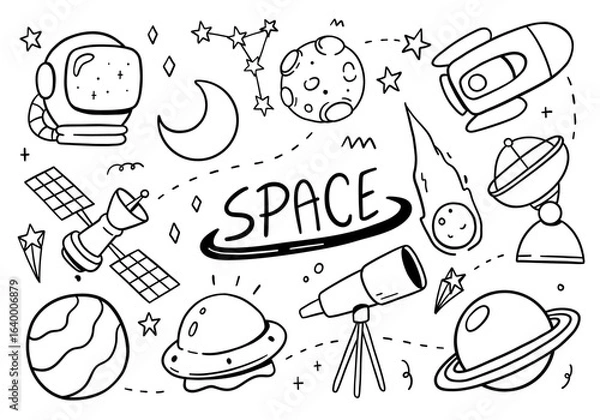 Obraz Space doodle set on white background. Vector illustration
