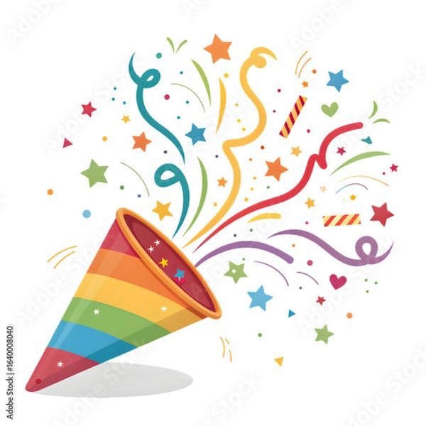 Fototapeta Rainbow party popper exploding with colorful confetti and streamers