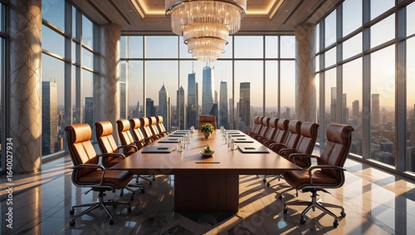 Fototapeta Prestigious Executive Boardroom With Metropolitan Skyline Views Mahogany Table And Crystal Chandeliers