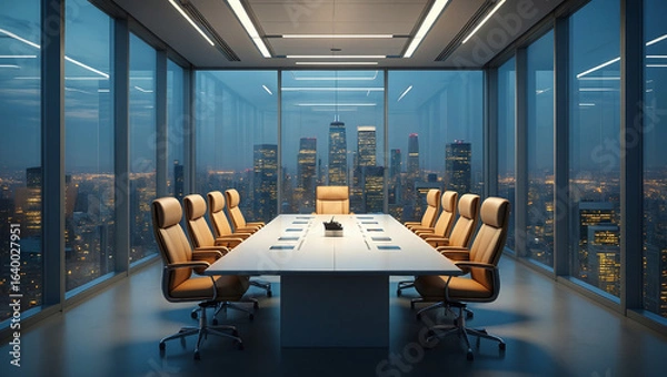Fototapeta An Executive Boardroom With City Views White Lacquer Table And Cream Leather Chairs