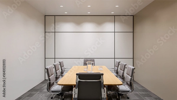 Fototapeta Modern Conference Room With Light Oak Table White Grid Dry Erase Board And Grey Fabric Chairs