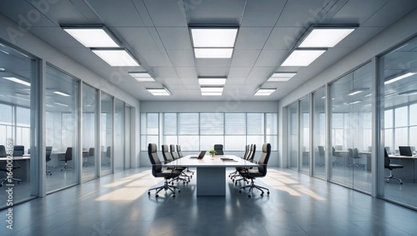Fototapeta Large Rectangular Glass Conference Table With LED Grid Lighting And Black Leather Office Chairs