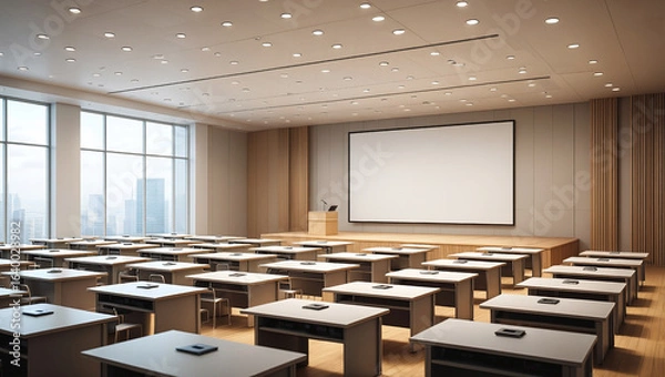 Fototapeta Large Corporate Training Room With White Modular Tables Built In Power Outlets And Wooden Stage