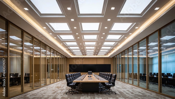 Fototapeta Large Corporate Boardroom With Coffered Ceiling LED Grid And Floor To Ceiling Glass Partitions