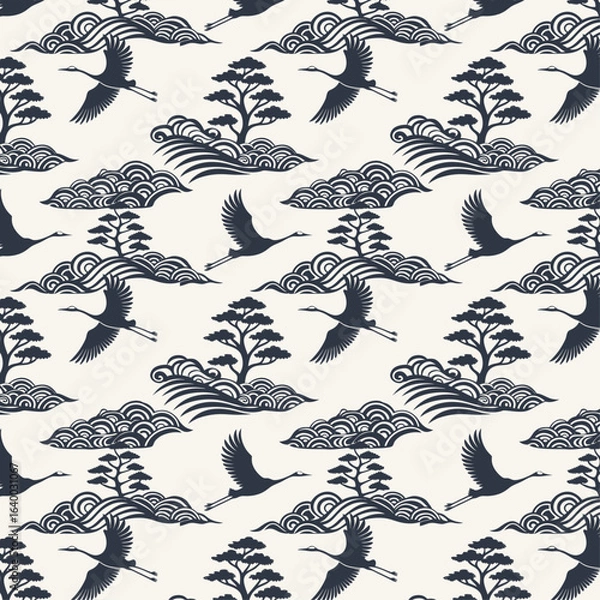 Fototapeta Seamless Japanese crane pattern with pine trees and waves