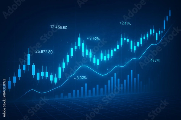 Obraz Futuristic glowing blue stock market chart with candlestick patterns, vertical bar graphs, and global finance digital trading analytics background