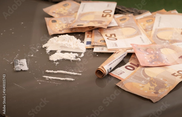 Fototapeta Pile of fake drugs made from flour, and edited euro banknotes placed on a table. Conceptual image representing illegal activities, simulated drug trafficking, organized crime, and financial risks.