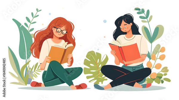 Fototapeta Charming schoolgirls immersed in reading session with an illustrated book
