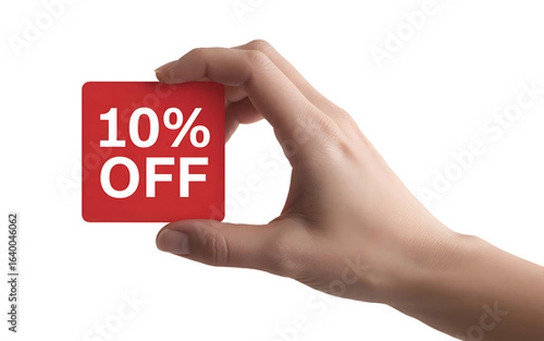 Fototapeta Ten percent off sale promotion discount offer hand holding red sign coupon