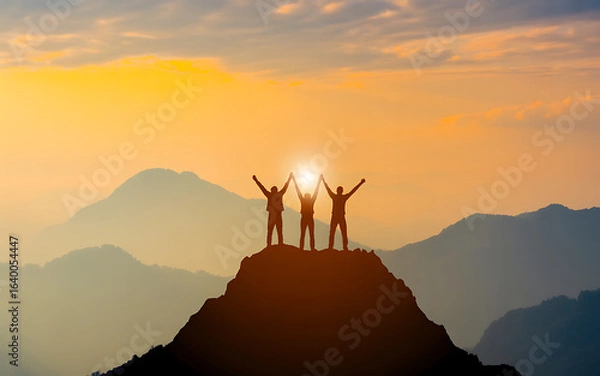 Fototapeta Success teamwork achievement concept with people on mountain peak at sunset