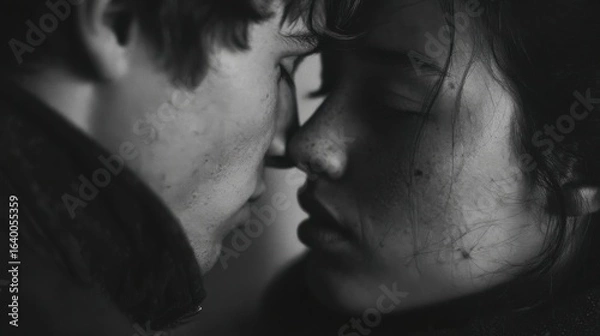 Fototapeta a man and a woman are kissing in black and white