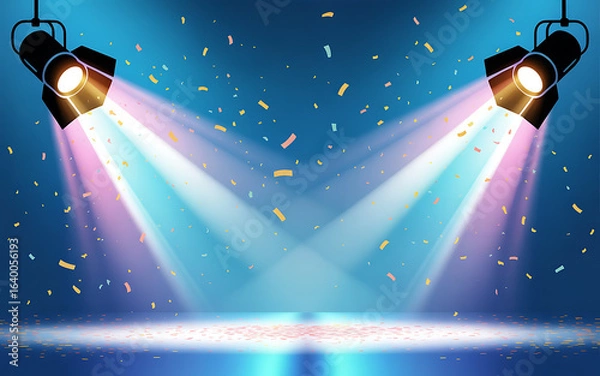 Fototapeta Stage lights background with confetti for celebration and presentation
