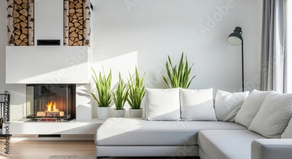 Fototapeta A cozy and bright living room with a fireplace, couch, and plants. This comfortable space exudes warmth and a welcoming atmosphere.