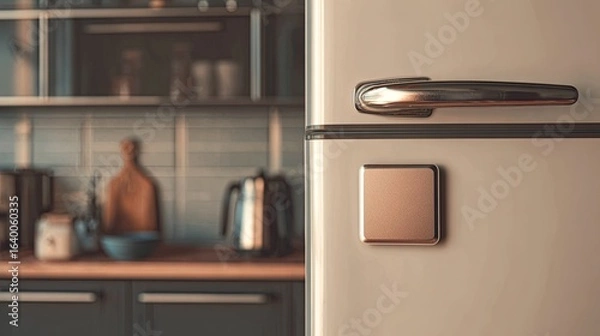 Fototapeta Detail of a vintage-inspired refrigerator with a metallic handle, set against a softly blurred contemporary kitchen scene.