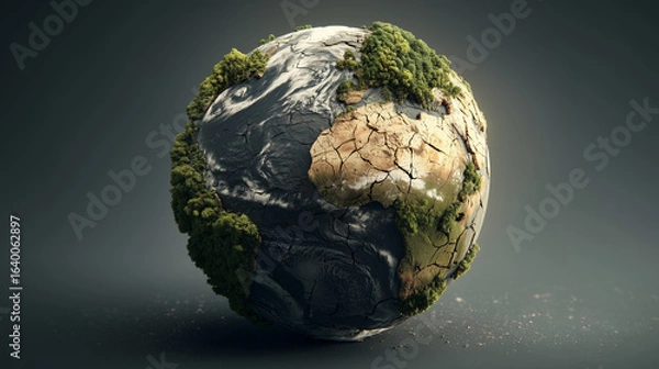 Fototapeta Realistic cracked Earth showing half dry desert and half lush forest, symbolizing climate change and environmental crisis, ultra detailed 8k concept art