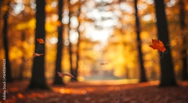 Fototapeta Blurred autumn forest with golden and red leaves, soft cozy ambiance