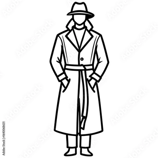 Fototapeta Man in trench coat and fedora hat standing with hands in pockets