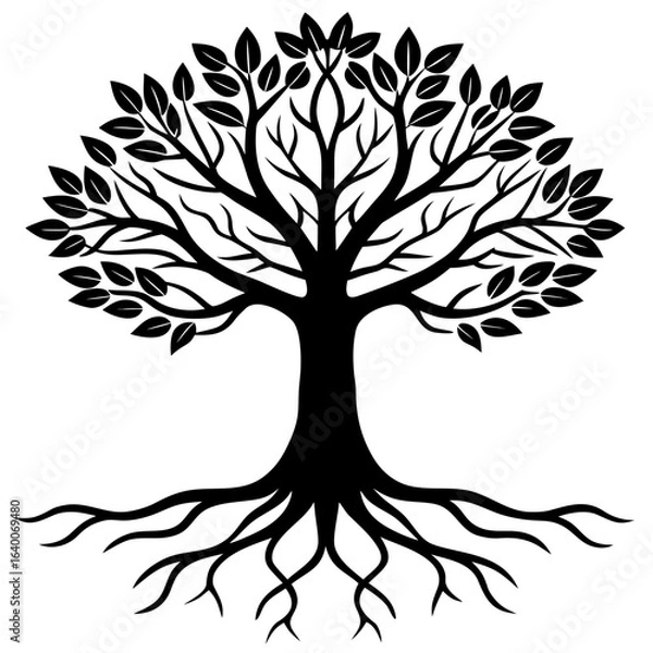Obraz Stylized black tree silhouette with visible roots and leaves
