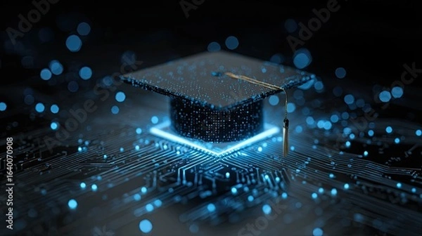 Fototapeta Futuristic graduation cap glowing on circuit board symbolizing digital learning and technological advancement in education