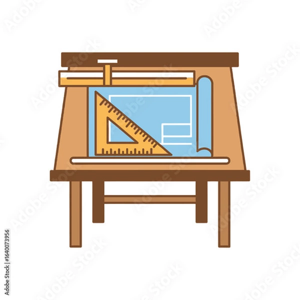 Obraz Wooden drafting table with drawing tools and blueprint.