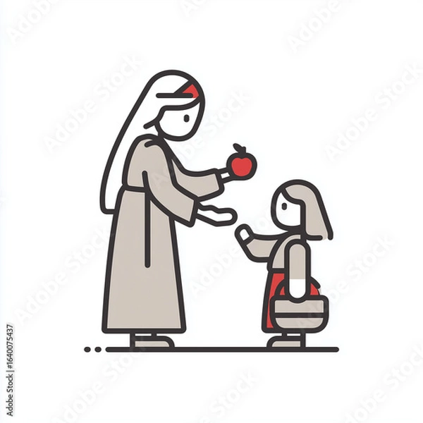 Fototapeta Woman handing an apple to a child in a caring gesture  