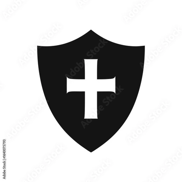 Fototapeta Black shield with centered white cross illustration on a white background